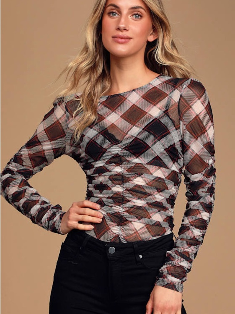 NWT Lulu's Plaid Sheer Long-Sleeve Mesh Top